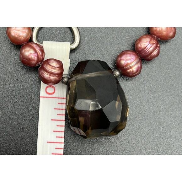 Smokey Quartz Boroque Red Fresh Water Pearl 925 Sterling Silver Necklace - Picture 13 of 13